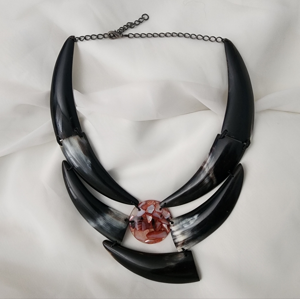 Vintage Buffalo Horn & Shell Statement Necklace Handmade Tribal Artisan